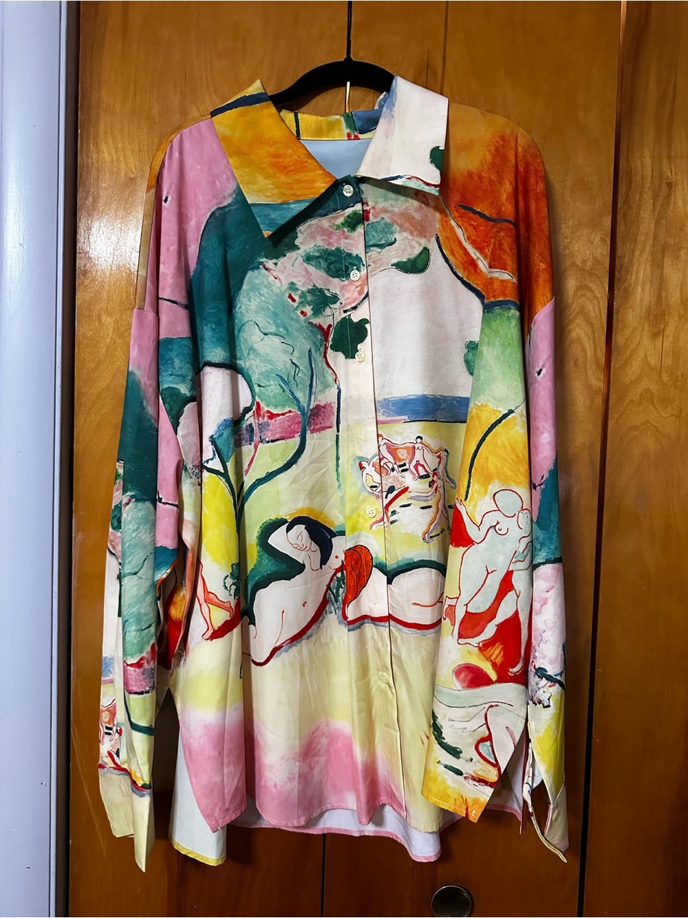 Cider Multicolor Painterly Button-Up Blouse in Pink, Yellow, Green, Blue